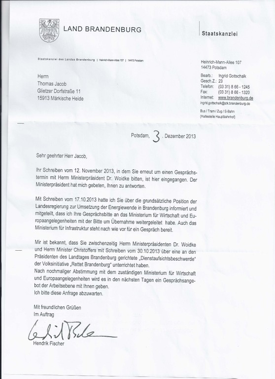 Antwort Staatskanzlei Brief Woidke vom 12.11.13